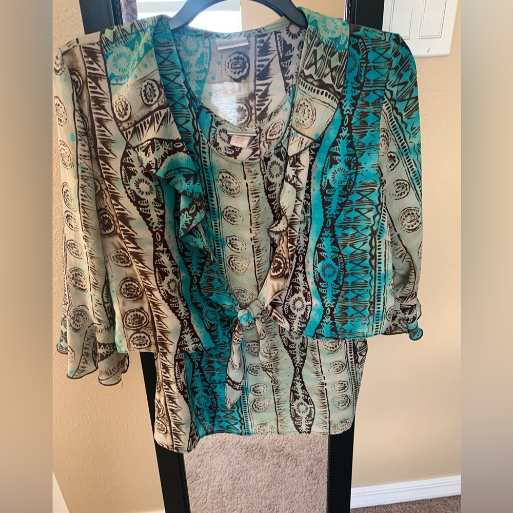Fashion Bug Teal and Brown Patterned Blouse
